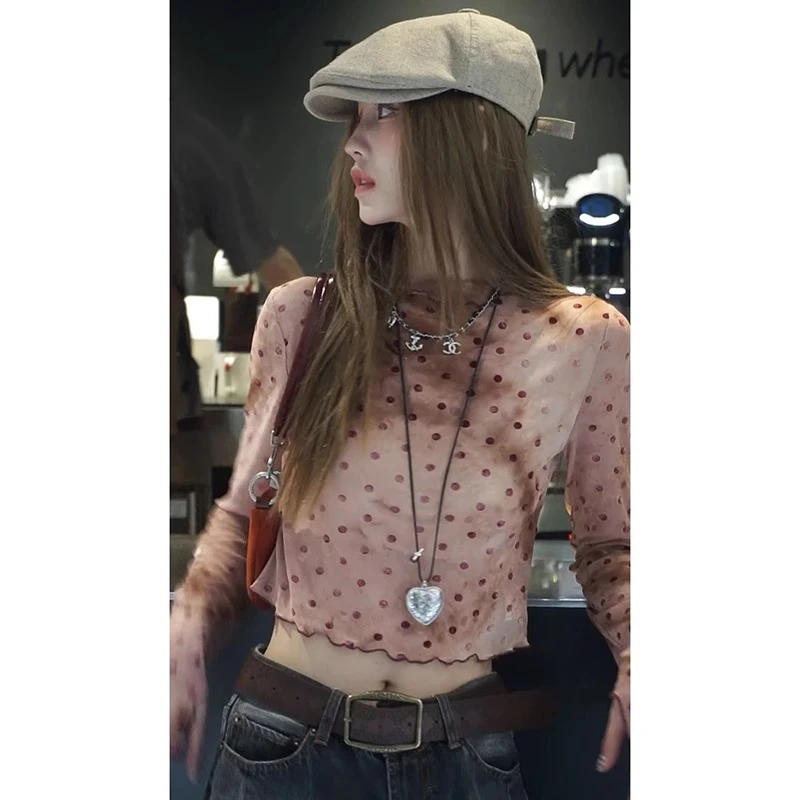 粉色波点打底长袖修身T恤女春秋2025新款微透短款冰感设计感上衣