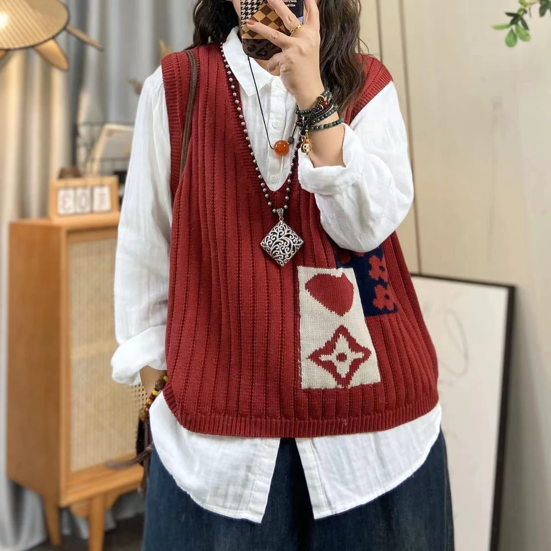 欣欣 春季新款V领针织马甲女文艺休闲宽松百搭马夹