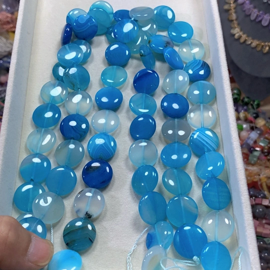 玛瑙/玉髓合金珠宝半成品蓝缠丝玛瑙圆饼一条卡17mm