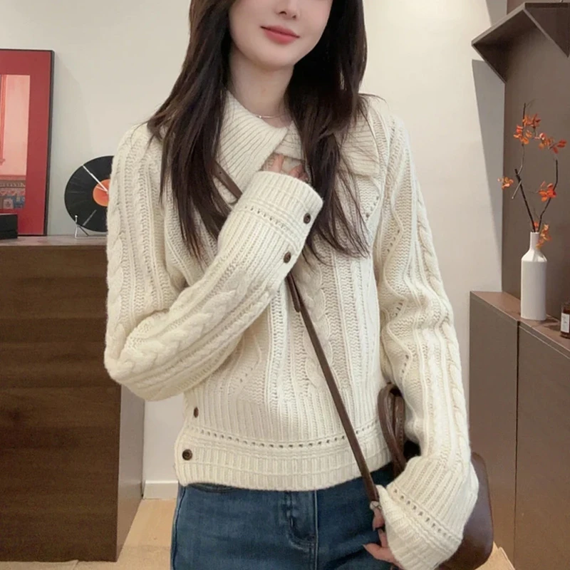 百搭复古慵懒风韩版温柔设计感针织衫女秋冬新款简约少女减龄上衣
