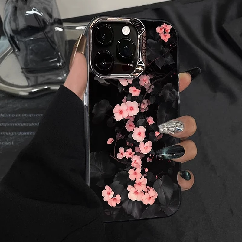黑叶粉色花适用iPhone 17pro苹果16promax手机壳精致气质15pro女