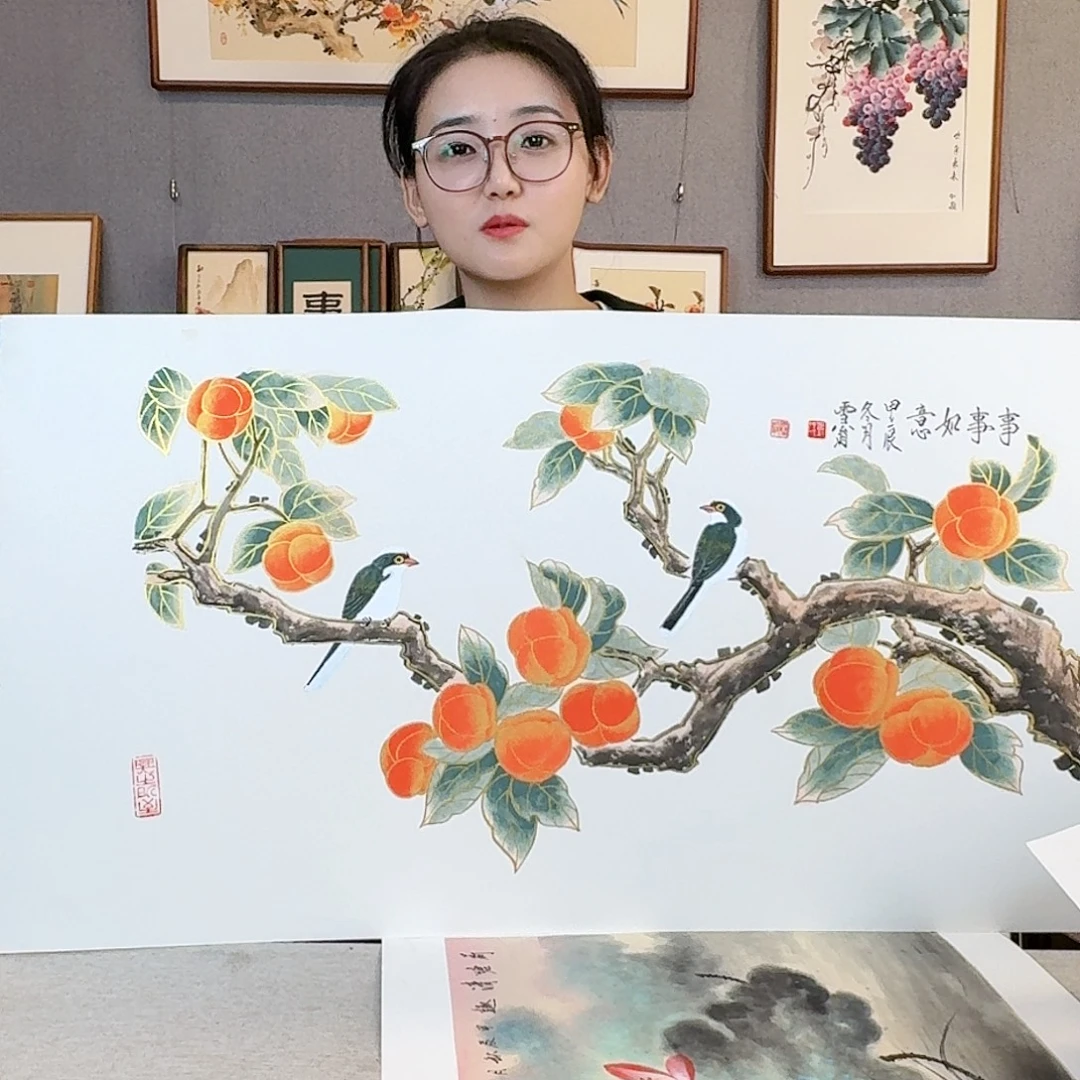 国画纯手绘，纯手写带框尺寸：53×103厘米