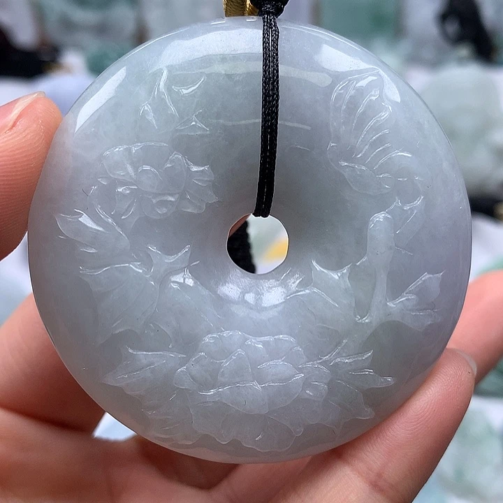 翡翠未镶嵌颈饰花开富贵平安扣两面工艺福利卡厚12+