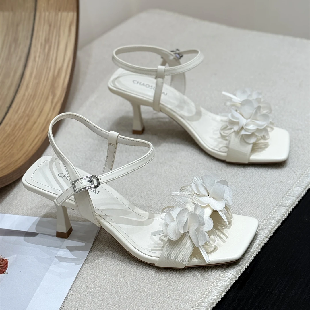 韩版气质花朵网纱细跟凉鞋女2025新款夏方头洋气配裙子甜美高跟鞋