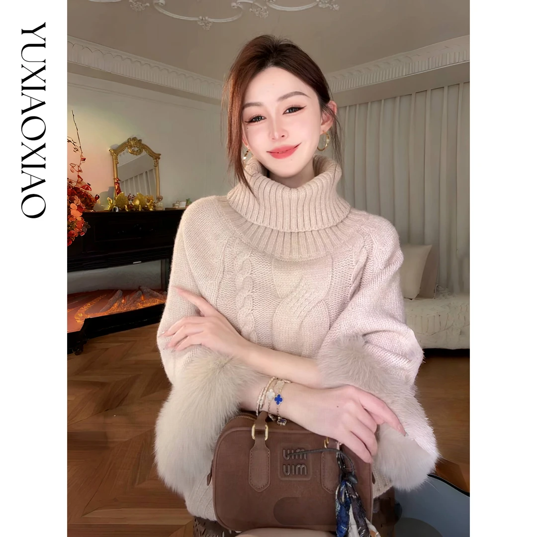 余潇潇【上东区贵妇】轻奢百搭慵懒风高领蝙蝠袖显瘦斗篷狐狸毛毛衣