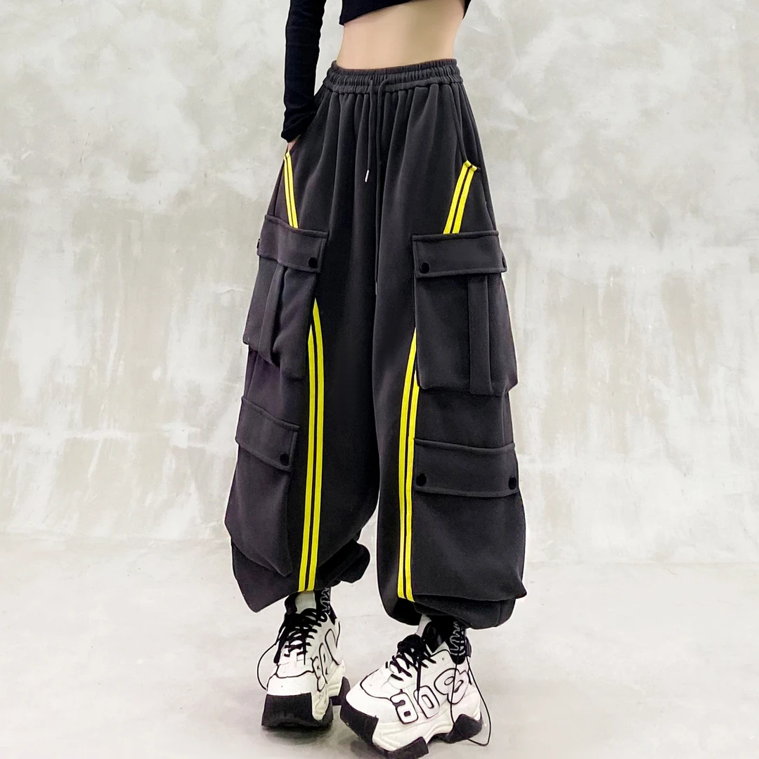 条纹拼色大口袋休闲工装裤女秋新款高腰宽松显瘦百搭直筒束脚卫裤