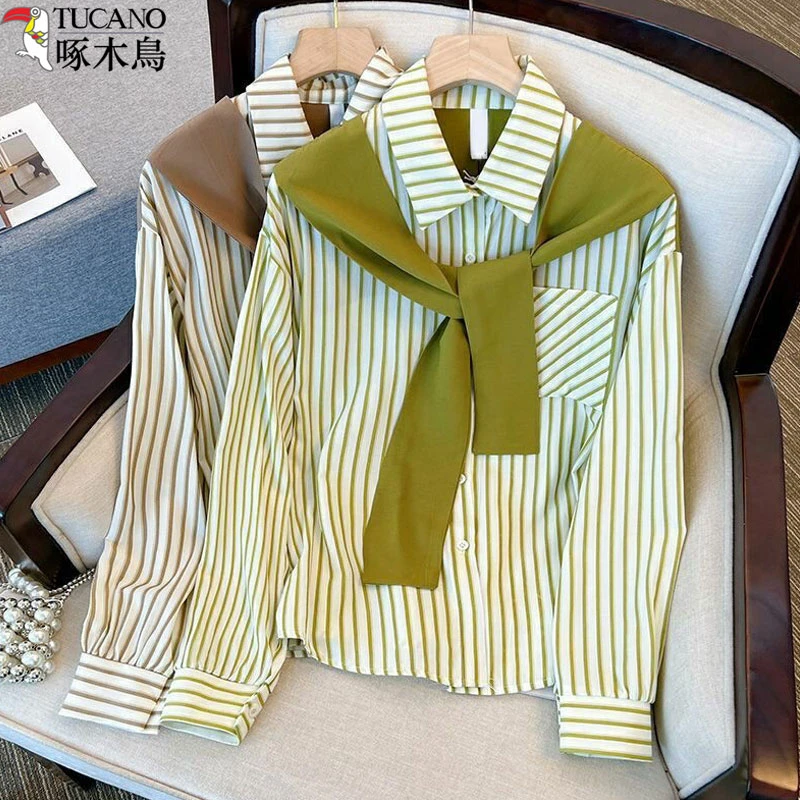 啄木鸟假两件披肩条纹衬衫女2025秋季新款慵懒风宽松显瘦长袖衬衣