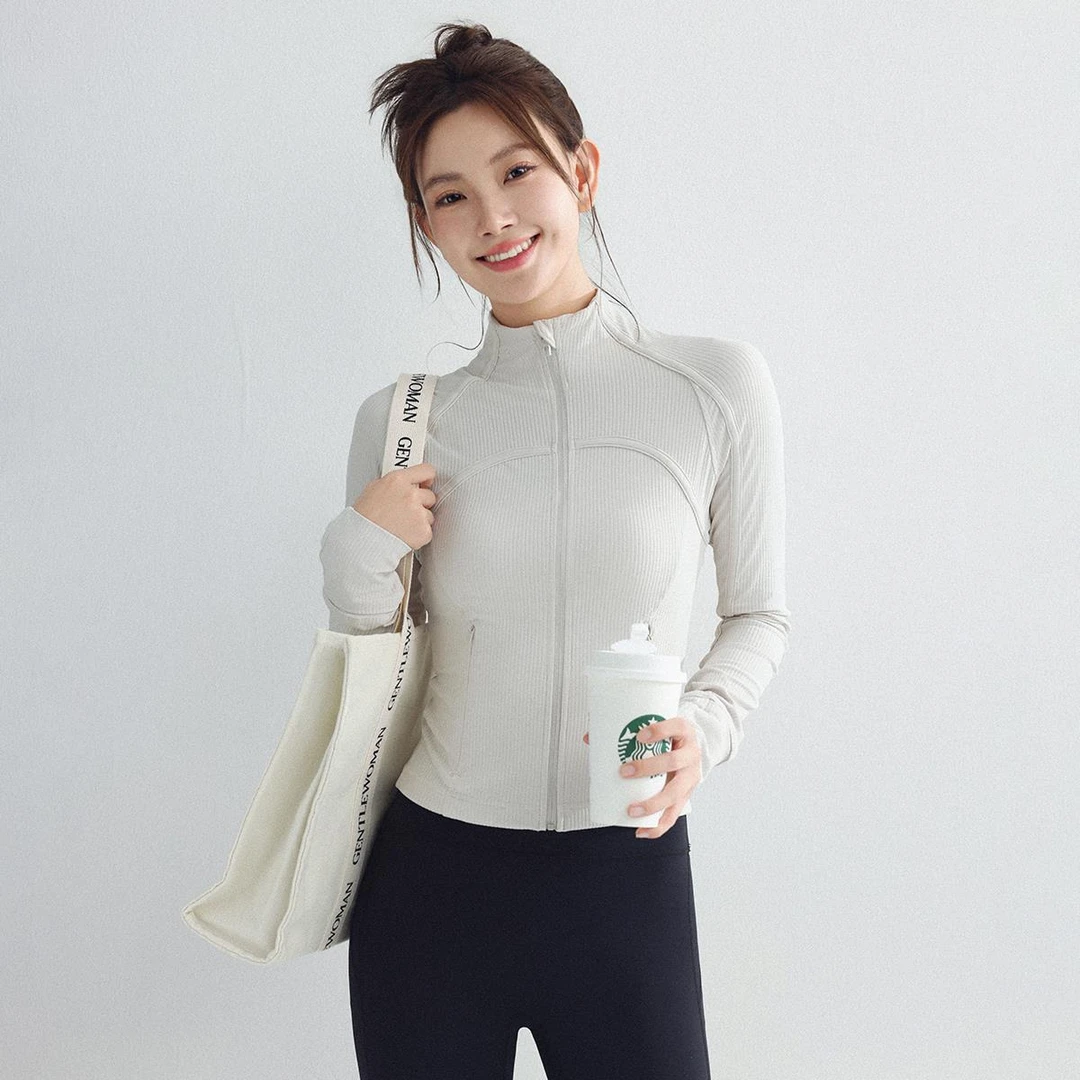 LULUISSUE螺纹瑜伽外套女立领修身显瘦运动上衣长袖跑步训练普拉