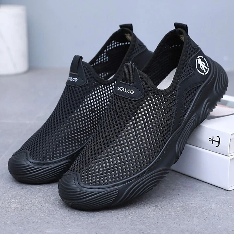 老北京布鞋男夏季透气大网孔中老年爸爸一脚蹬透气薄款镂空男网鞋