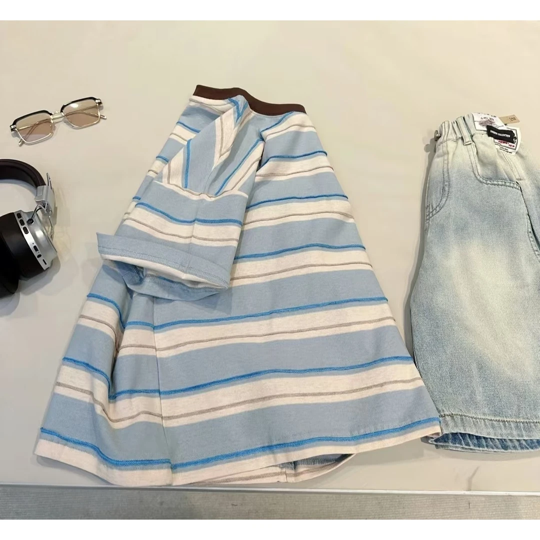 童装男童女童条纹短袖儿童洋气时尚t恤25夏装儿童中大童宽松上衣