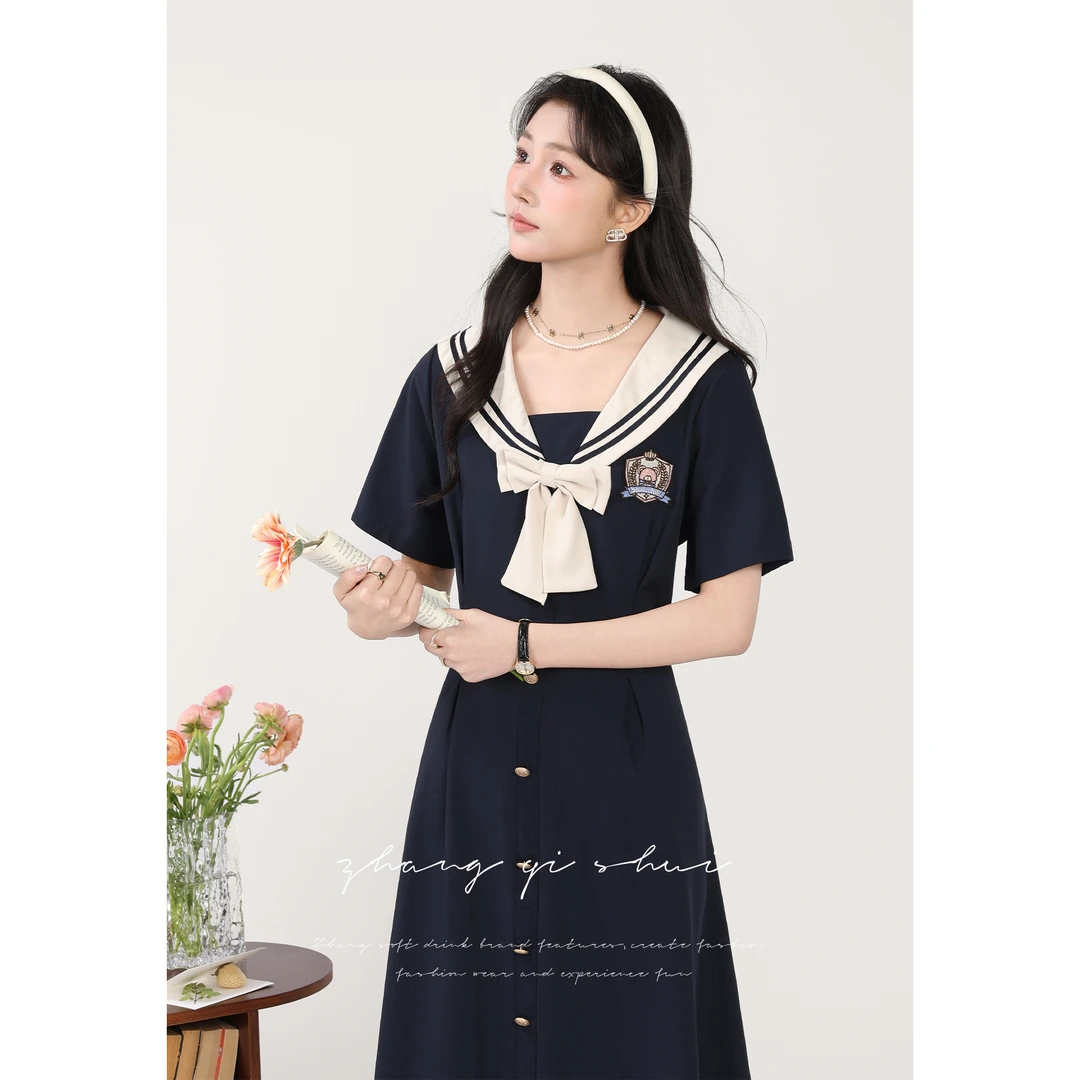 张汽水藏青色收腰显瘦连衣裙女海军领学院风a字裙子Z15235