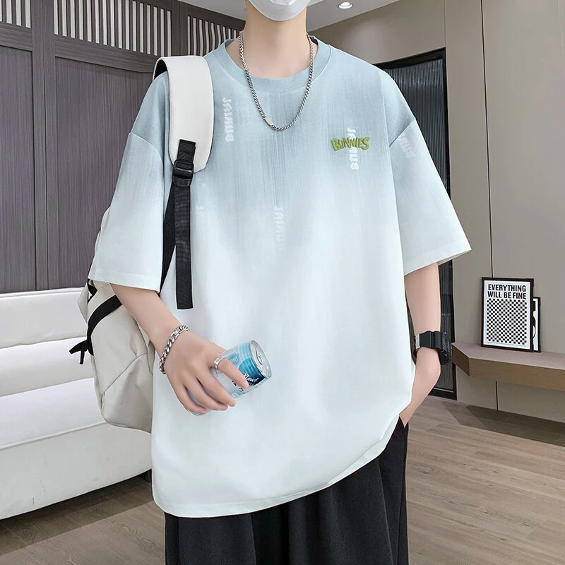 渐变冰丝凉感短袖t恤男士2025新款半袖宽松体恤衫潮牌青少年T上衣