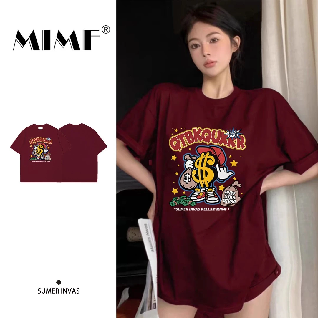 mnmf美式街头纯棉短袖T恤女装可爱风韩版夏季上衣小众设计感印花