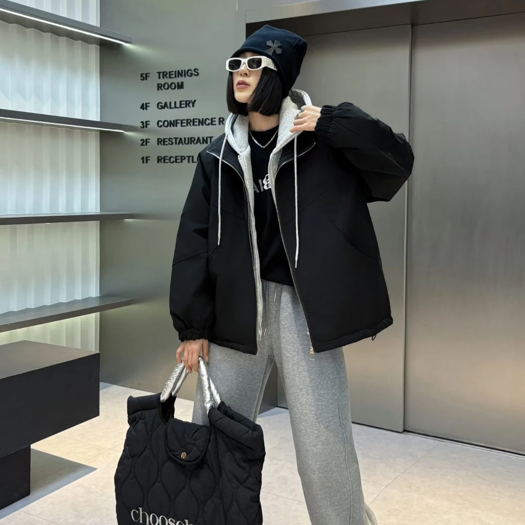 冬季大码高品质加棉连帽假两件抽绳拉链款休闲百搭棉服潮流外套