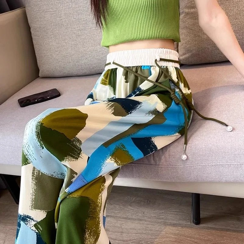 冰丝凉凉裤胖MM新款女夏季薄款宽松高腰垂感扎染显瘦直筒休闲裤潮