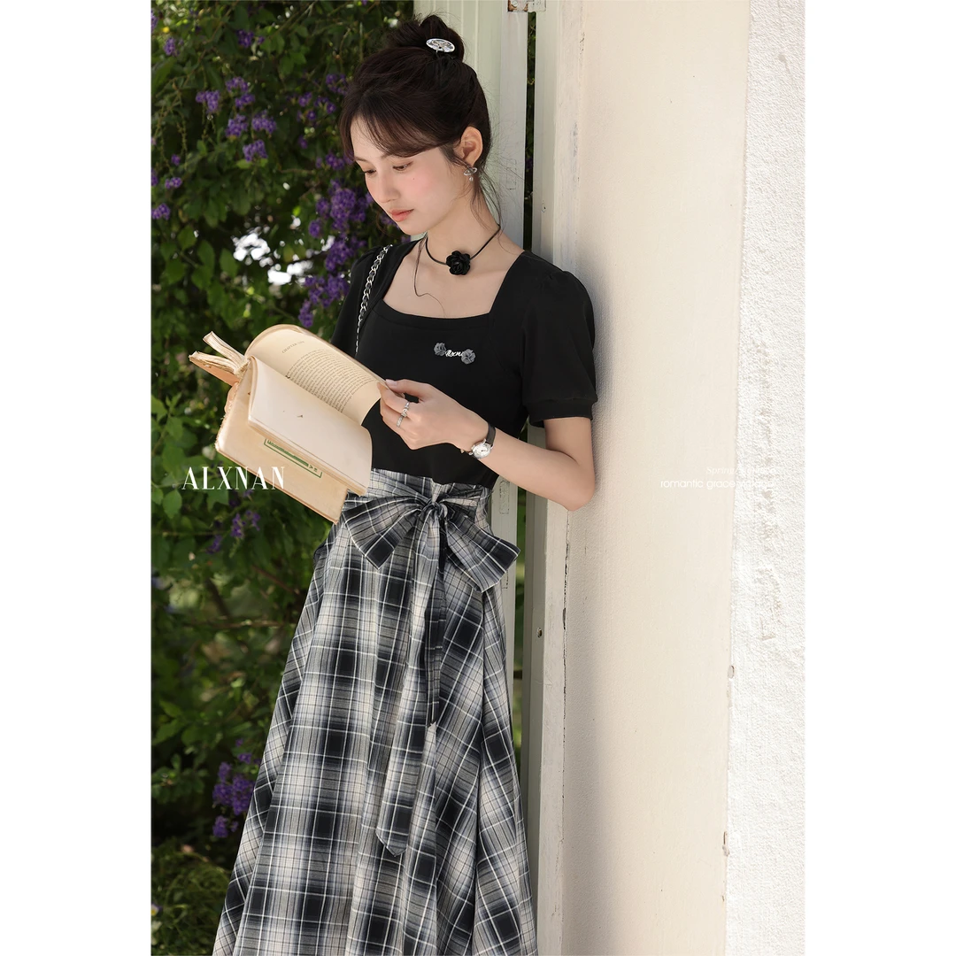 鹿向南【黑白序曲】黑格子拼接假两件不规则短袖连衣裙L55739