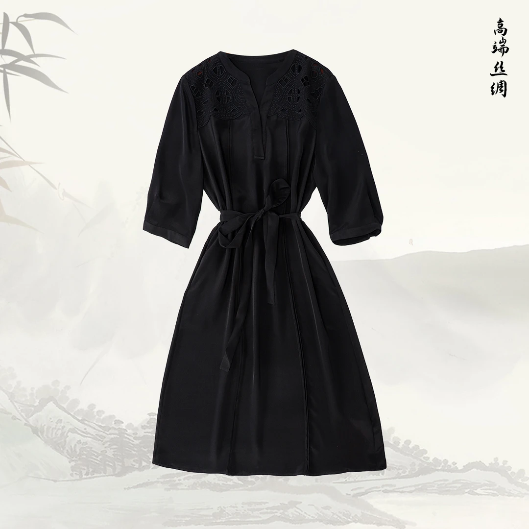 【织梦】品牌新款桑蚕丝V领气质纯色百搭系带收腰连衣裙51685