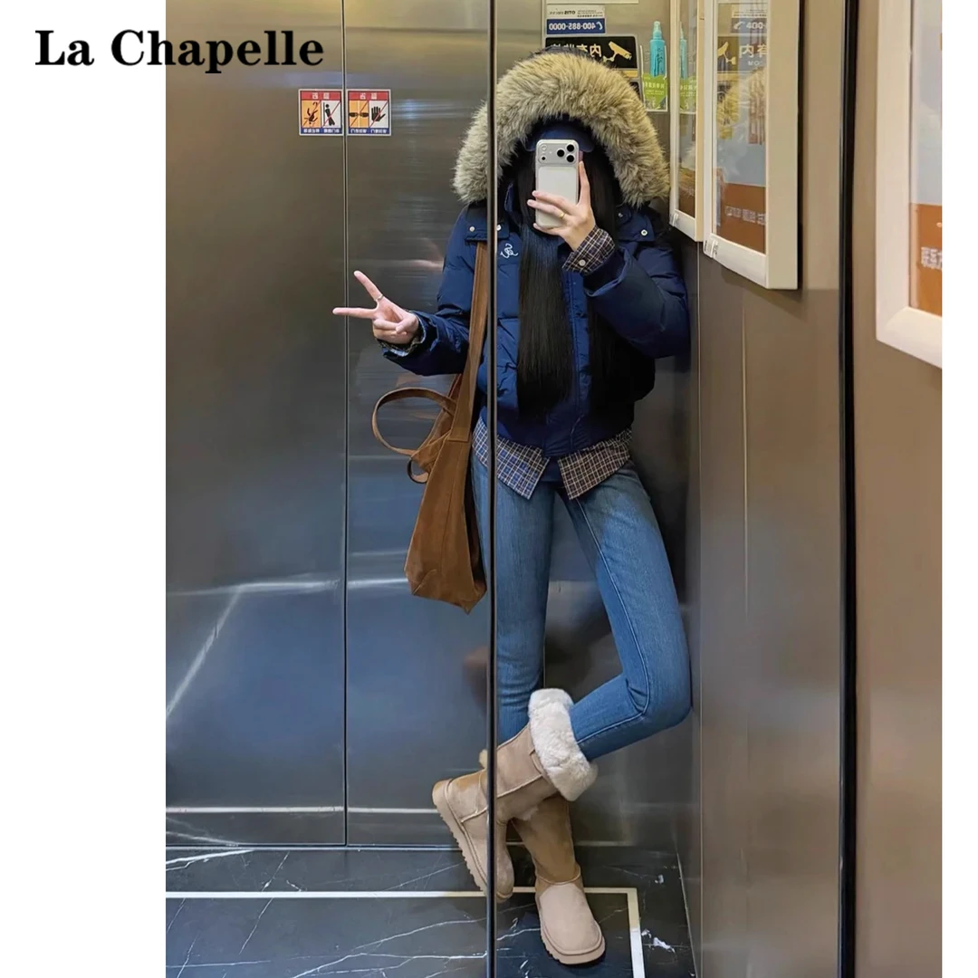 拉夏贝尔美式复古加绒小脚牛仔裤女2025冬季高腰显瘦弹力铅笔裤