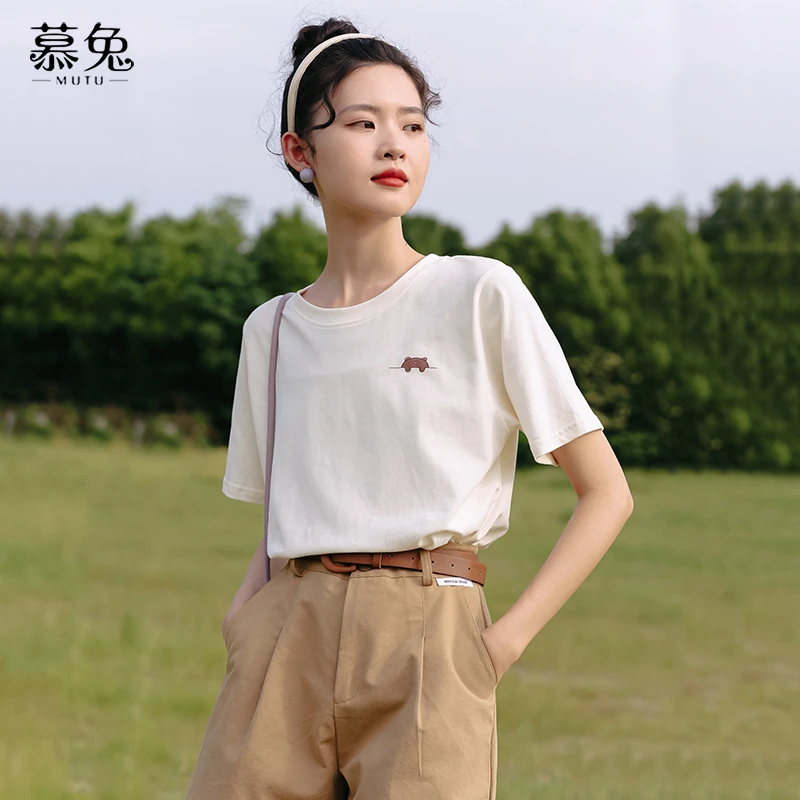慕兔ins宽松小熊印花短袖t恤女2025夏季新款设计感小众显瘦上衣潮