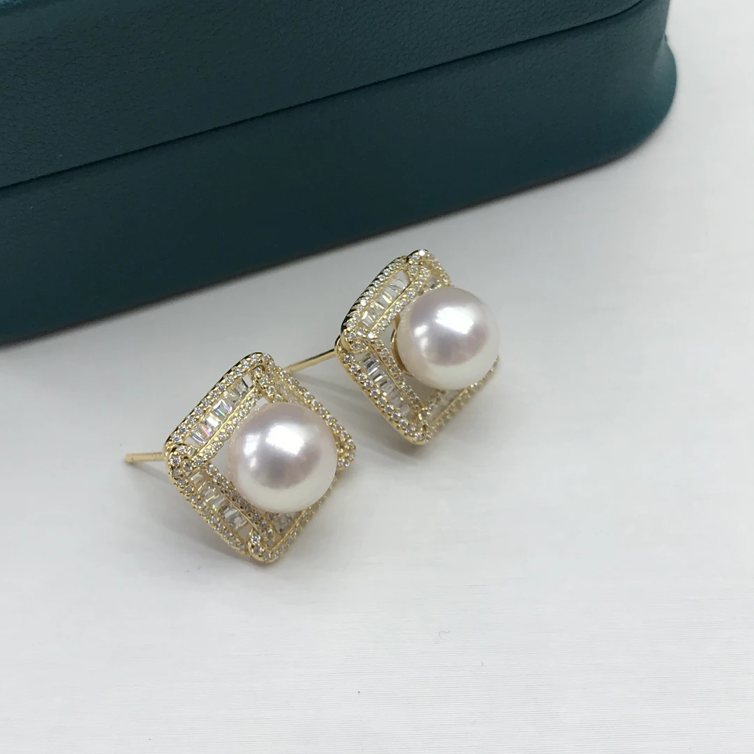 海水akoya方形耳钉S925樱花粉复古8-9mm