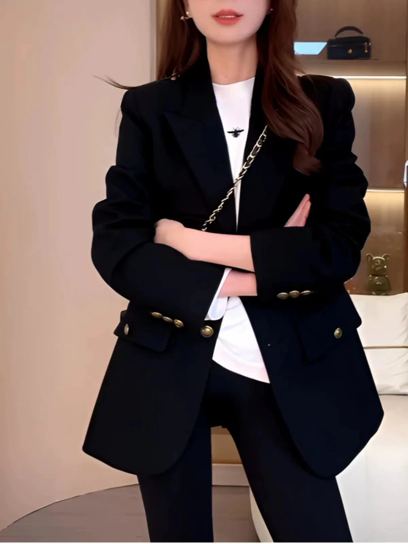 3726-黑色西装外套女高级感流行宽松气质通勤休闲西服上衣