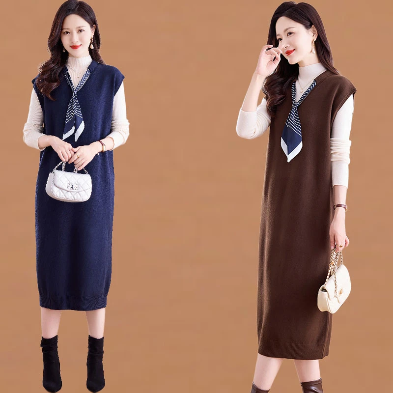 时尚针织背心连衣裙内搭春秋2025新款宽松显瘦过膝打底吊带毛衣裙