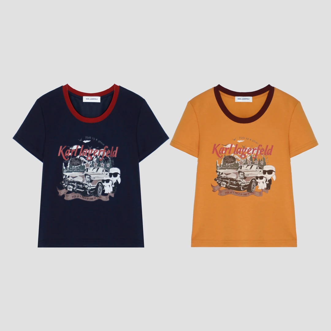 领口撞色趣味老爷车印花圆领T恤DLLFY907