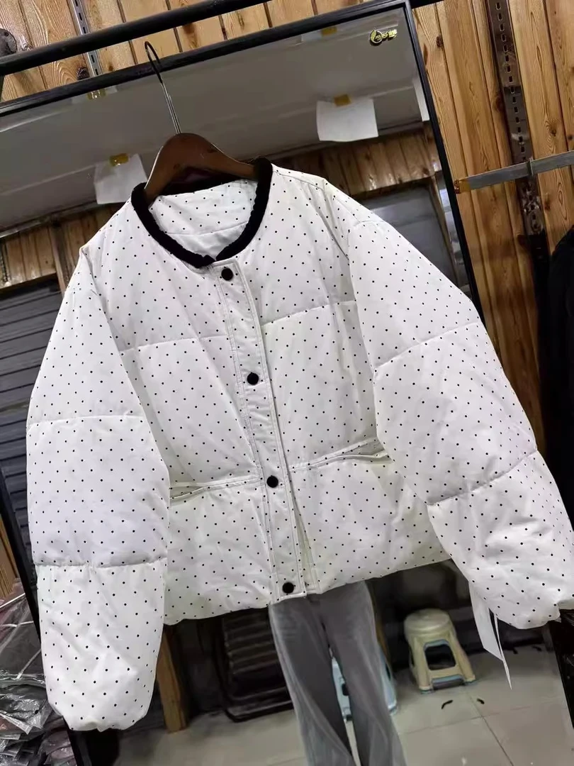 23658圆领丝绒系带波点羽绒服百搭冬季新韩版显瘦加厚保暖面包服