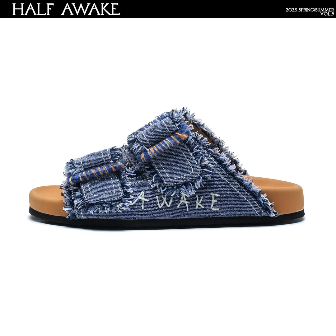 HALF AWAKE vol.9系列2025春夏新款双条带方扣刺绣凉拖鞋女夏外穿
