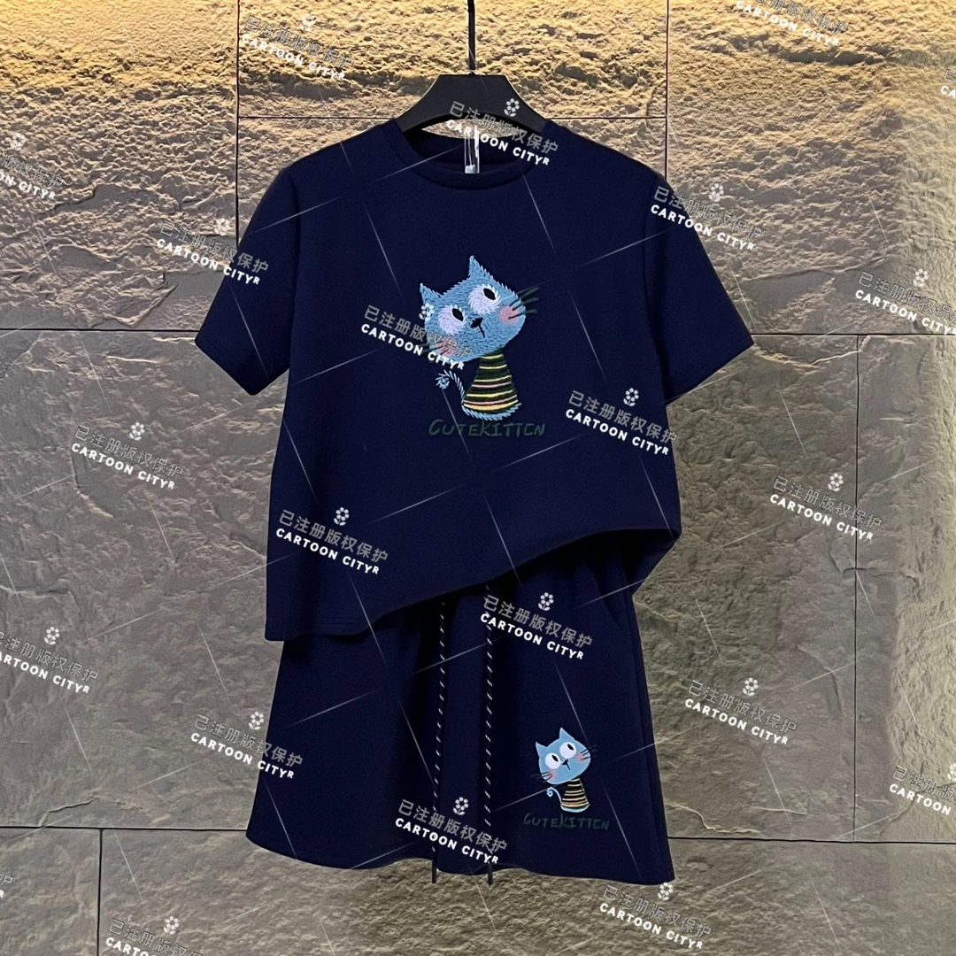 豆豆WMA-A88<原创系列>丨<卡通条纹猫>宽松夏季T恤短裙时尚套装