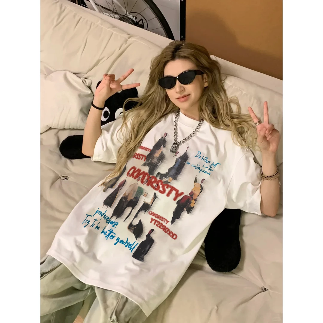 美式复古风潮流印花韩版t恤女夏季新款宽松显瘦纯棉短袖上衣