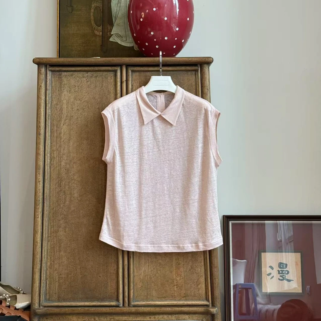 MYL 2025夏季新品软亚麻POLO衫翻领落肩袖休闲宽松粉色通勤上衣