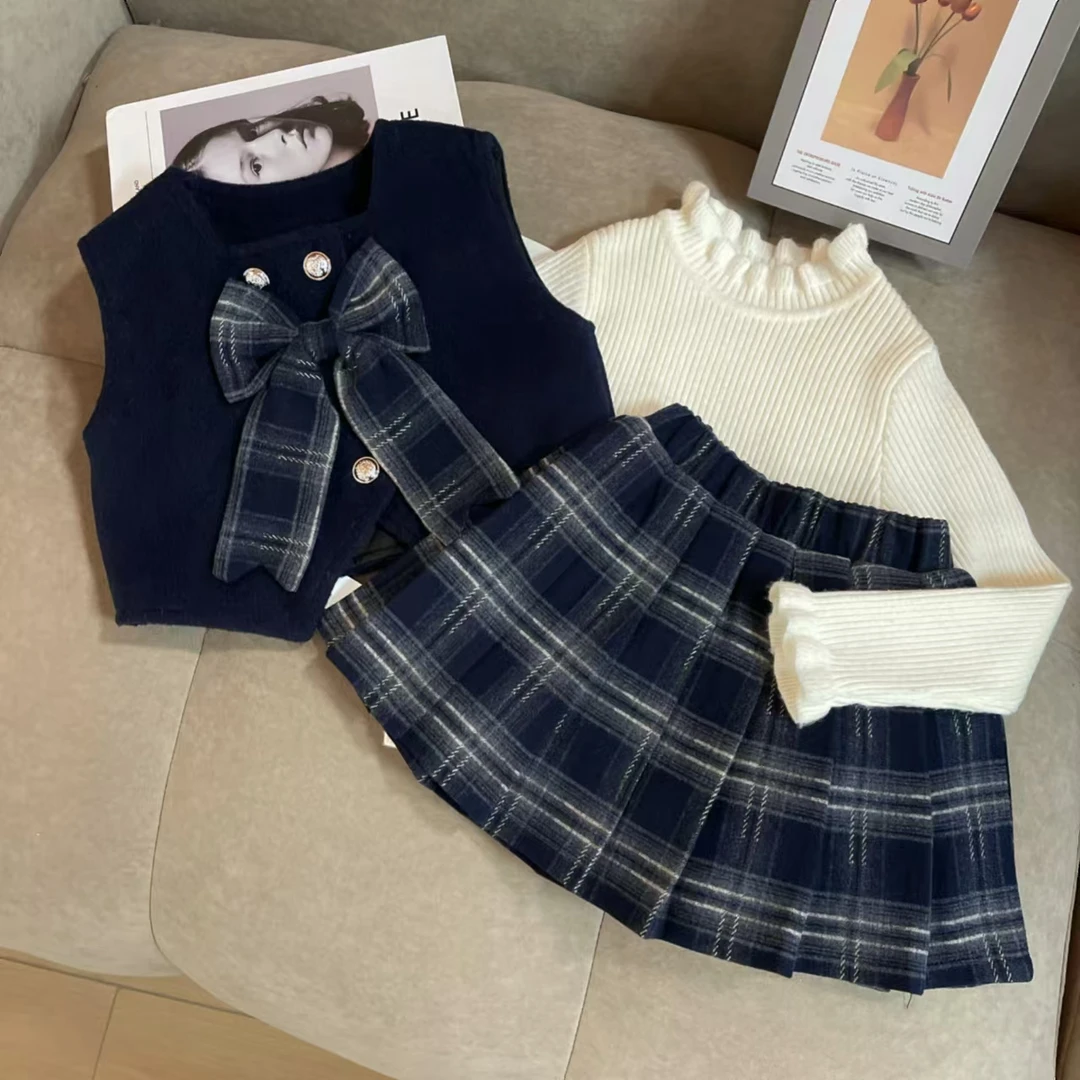 女童套装2024秋冬新款韩版洋气时髦女宝宝气质毛呢外套短裙两件套