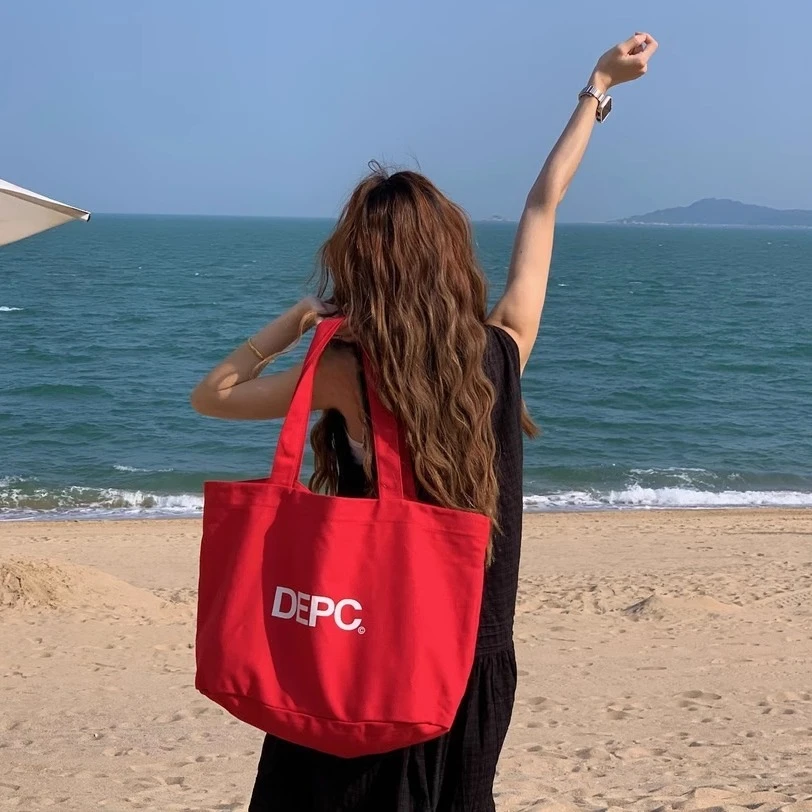 2025韩版新款ins多巴胺百搭大容量单肩帆布包字母简约购物托特包