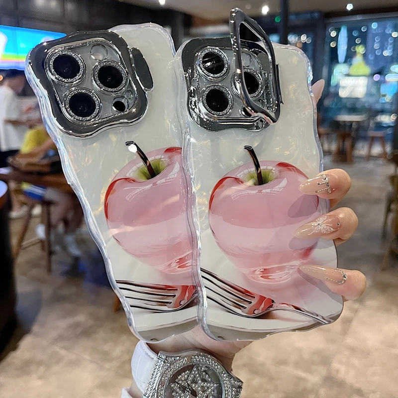 适用苹果系列iPhone新款手机壳贝壳纹水晶苹果全包隐形支架镜头膜