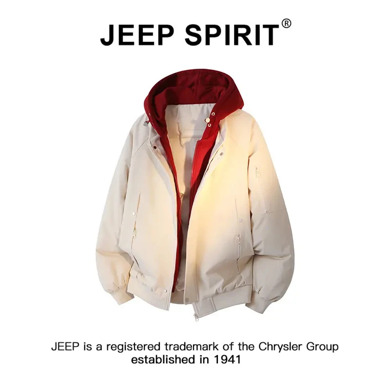 JEEPSPIRIT吉普美式撞色假两件连帽棉服男女款秋冬季加厚宽松外套