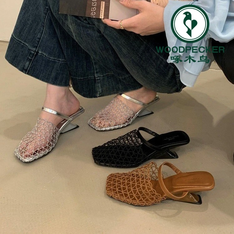 啄木鸟 古早鎏金梦!两穿方头编织渔网包头坡跟凉拖女夏露趾凉鞋女