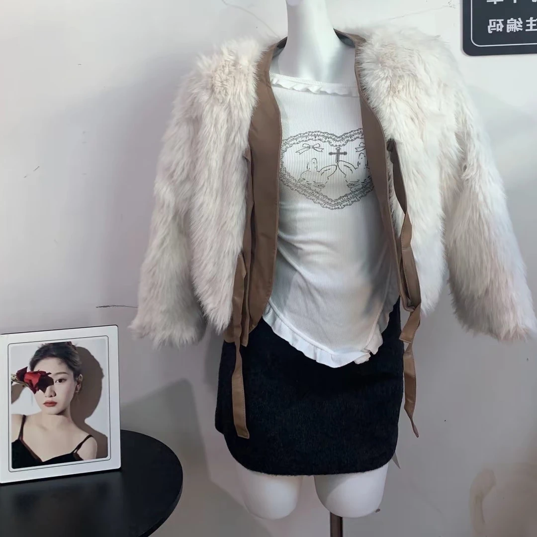 人造皮草 一体韩系短款皮草外套女冬系带加厚小个子百搭毛毛上衣