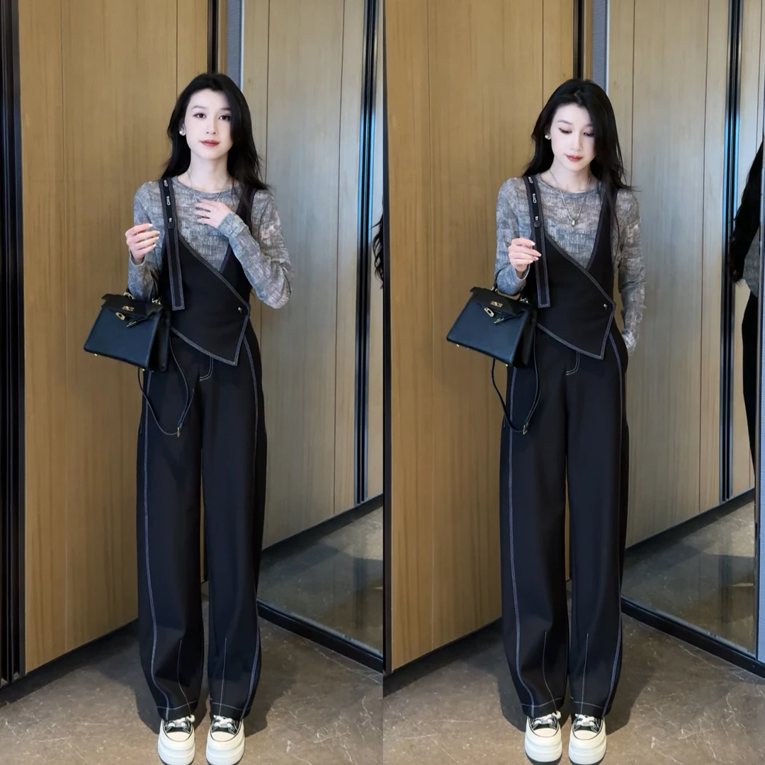 扎染薄防上衣+重工设计师双肩带酷飒风纯色显瘦连体裤套装