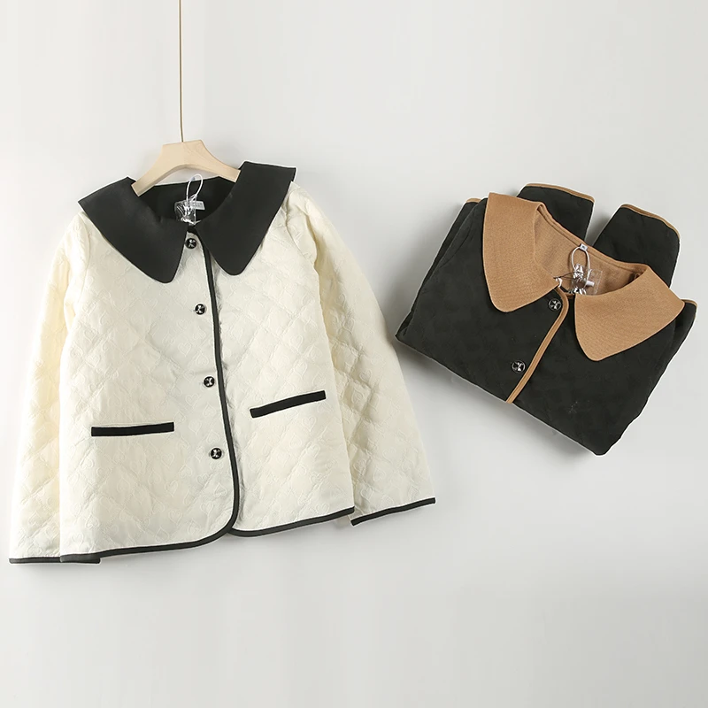 撞色拼接翻领宽松减龄设计感绗棉棉服女2024冬季新款棉衣341725