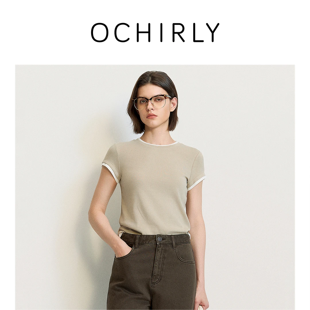 【特享折扣】欧时力假两件短袖t恤上衣撞色休闲修身2025夏季百搭