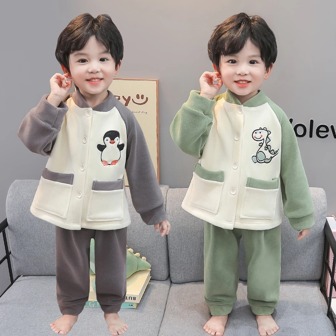 儿童睡衣秋冬季男孩奥粒绒卡通开衫保暖套装珊瑚绒冬款男童家居服