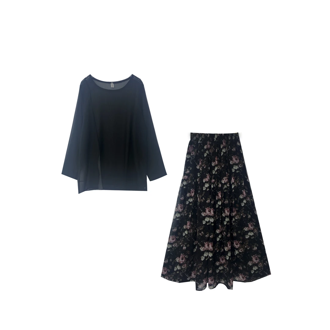 雪纺罩衫+半身裙套装8833