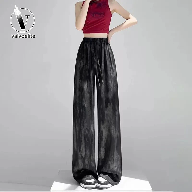 VALVOELITE大码女夏季薄款水墨画扎染阔腿裤高腰垂感直筒休闲裤