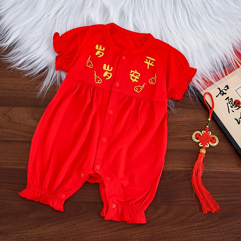 女宝婴儿夏季连体衣红色新生儿衣服满月百天拍照服装婴儿国风衣服
