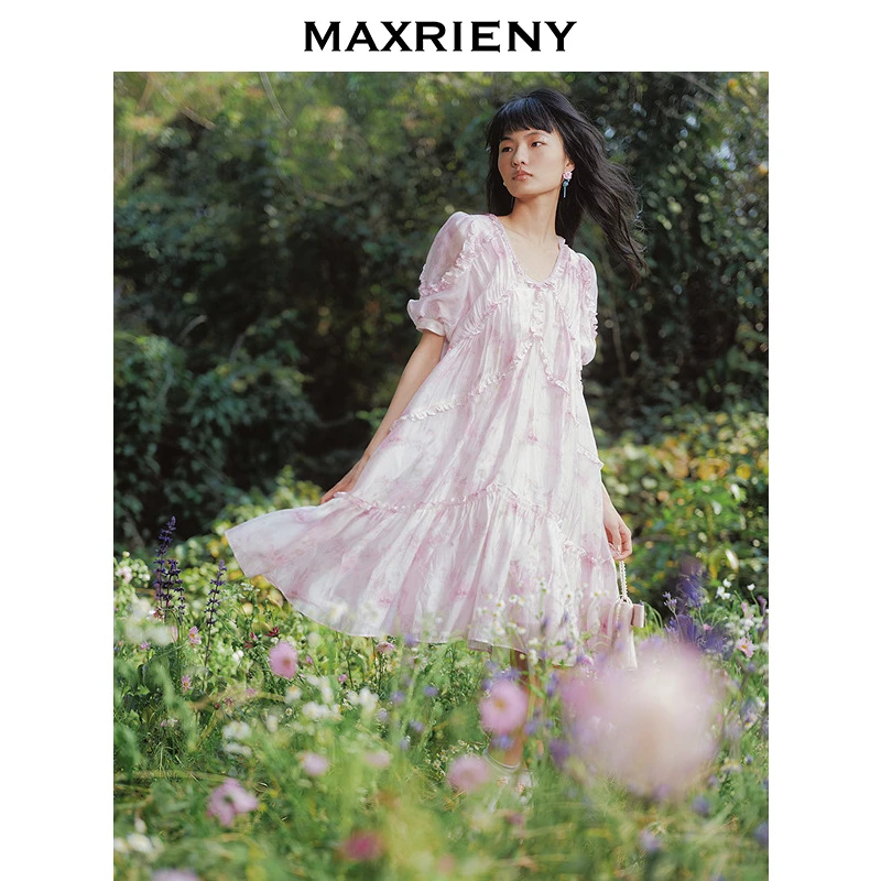 【蜜思仝】MAXRIENY浪漫粉彩玫瑰连衣裙26新款度假风印花雪纺长裙