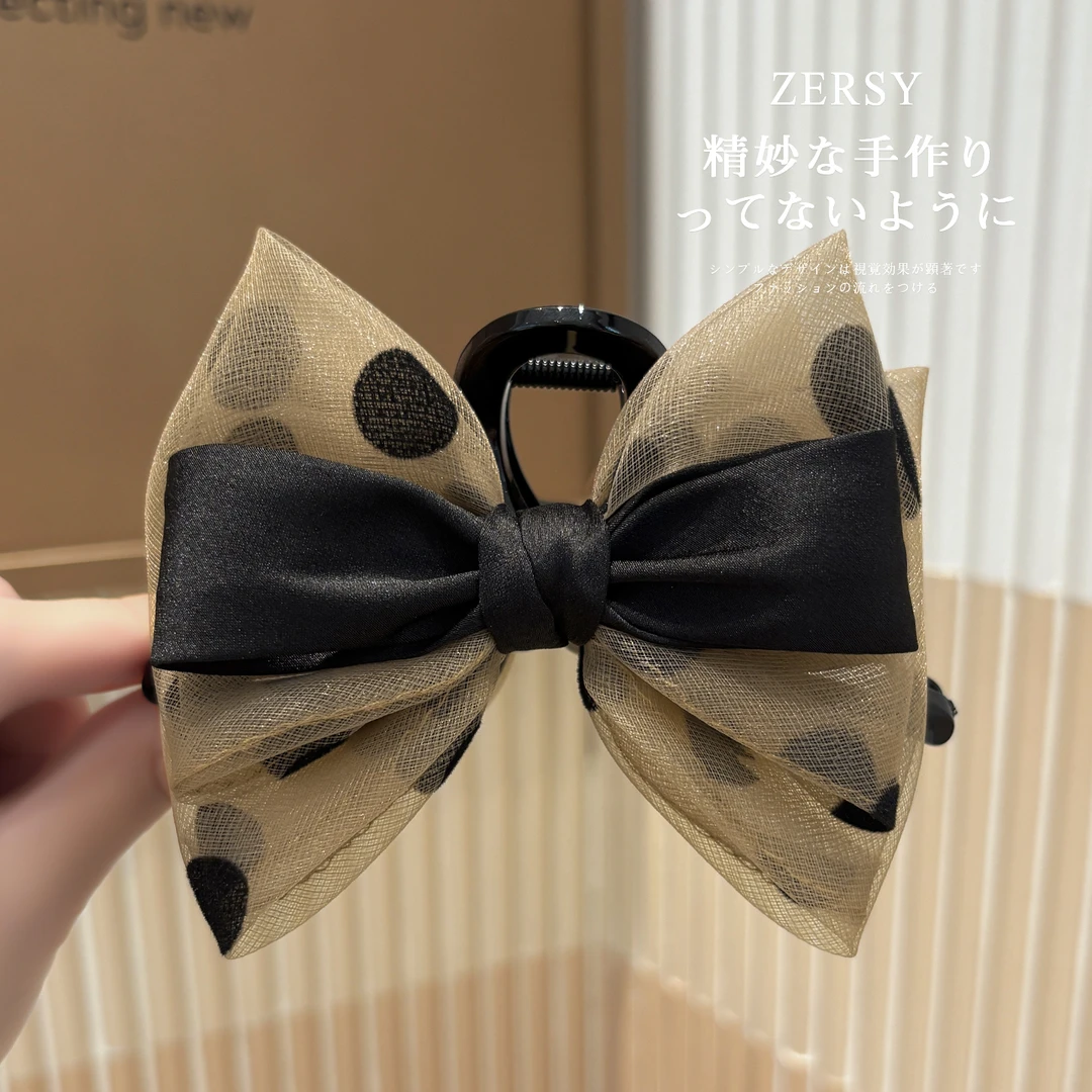 波点欧根纱蝴蝶结抓夹女高级感2025新款鲨鱼夹马尾大号发量大夹子