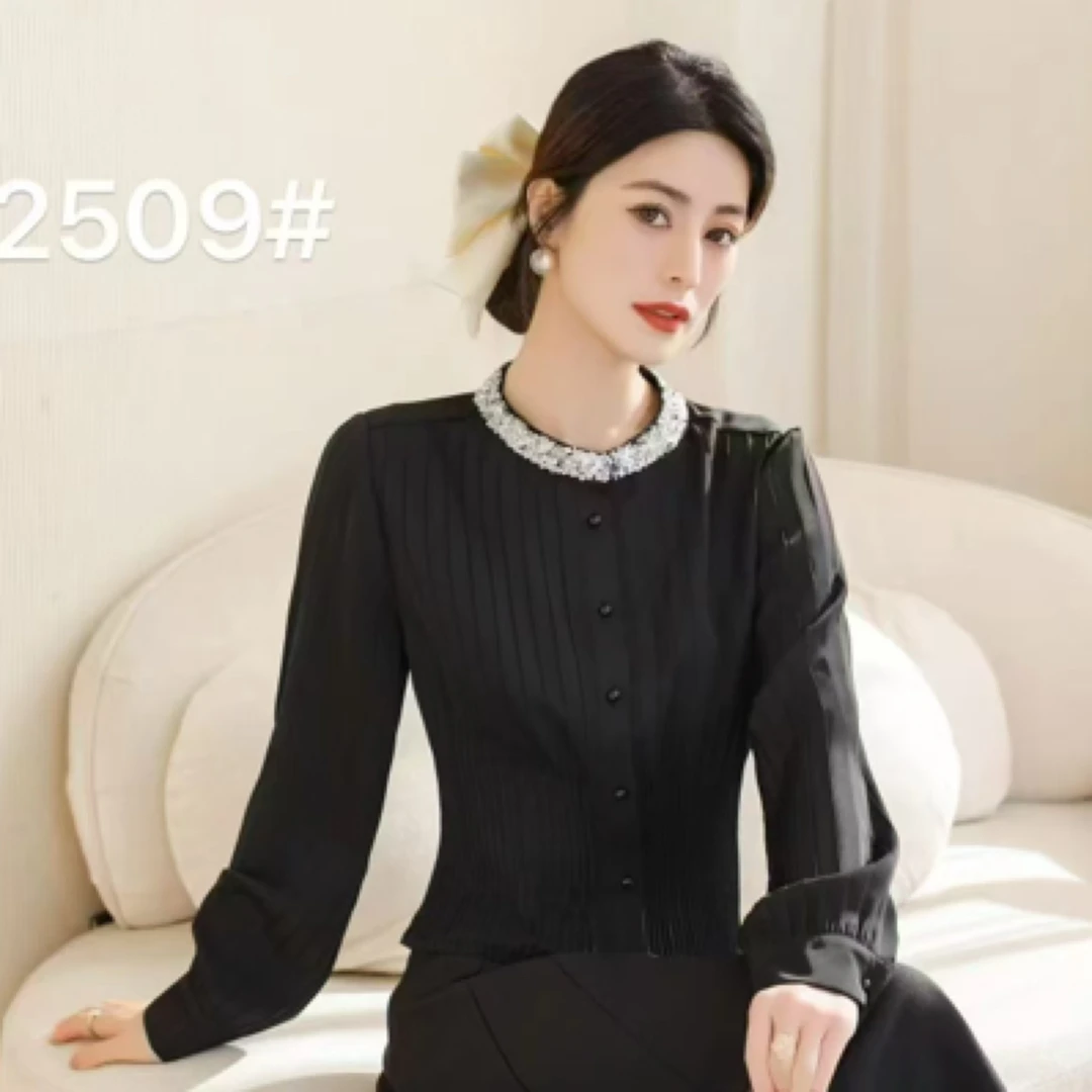 春季气质百搭方领衬衫立体花朵设计雪纺上衣