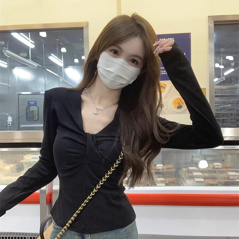 韩版复古长袖T恤女新款辣妹百搭修身显瘦褶皱内搭上衣打底衫