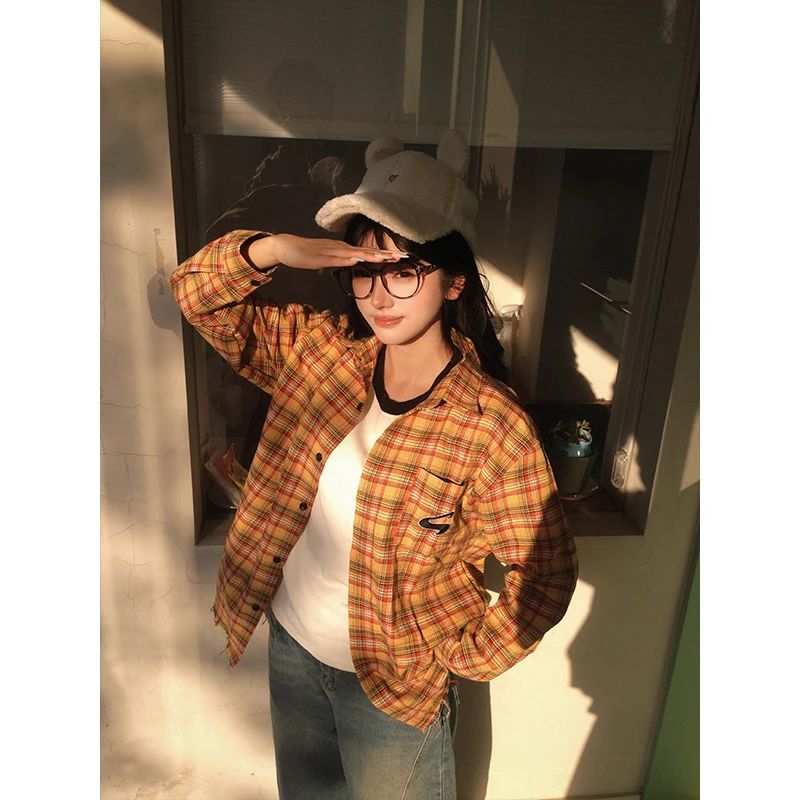 春秋季中长款长袖毛边格子复古青年衬衫外套上衣短款网红港味百搭